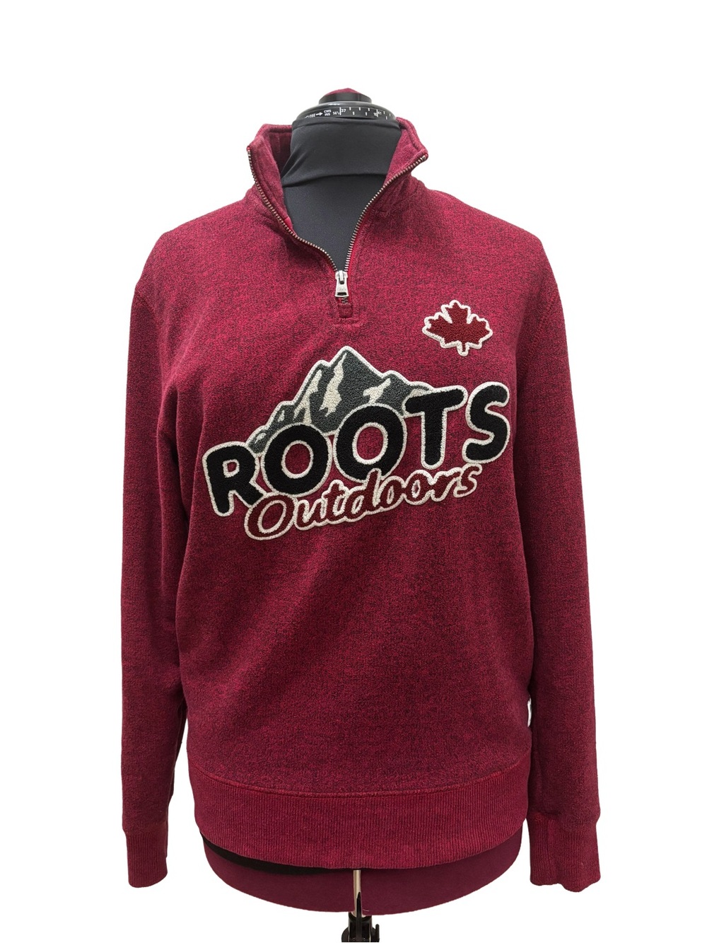 Roots Outdoors Half-Zip Sweater in Burgundy with Mountain Logo